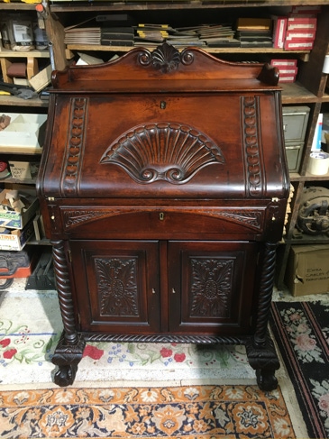 Fully restored carved mahogany secretary desk with shell motif and barley twist columns
